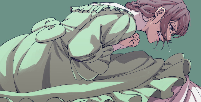 1girl, angry, braid, brown_hair, bungou_stray_dogs, clenched_teeth, crying, crying_with_eyes_open, dress, frilled_dress, frills, from_side, green_background, green_dress, highres, hunched_over, konban_war, long_sleeves, margaret_mitchell_(bungou_stray_dogs), own_hands_together, simple_background, solo, tears, teeth, third-party_source, violet_eyes