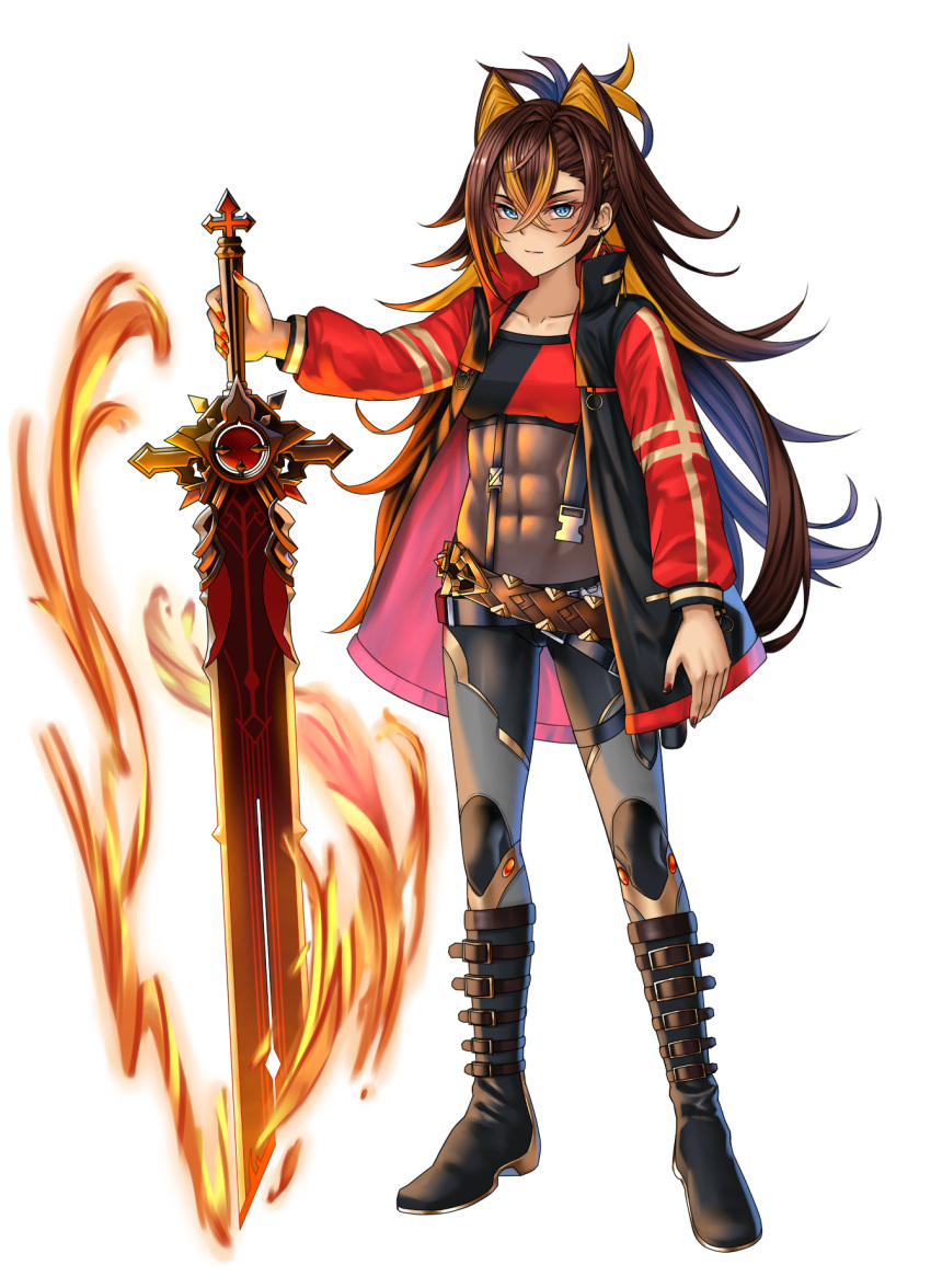 1girl, abs, alternate_costume, belt, blonde_hair, blue_eyes, boots, breasts