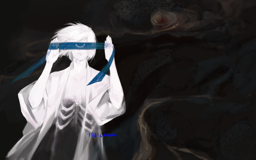 1boy, absurdres, black_background, blindfold, blue_blindfold, bone, closed_mouth, commentary_request