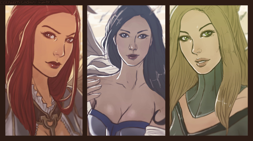 3girls, angel, angel_wings, artist_name, black_hair, blonde_hair, breasts, brooch, bruna_light_of_alabaster, corset, feathers, gisela_blade_of_goldnight, headshot, jewelry, koyorin, long_hair, magic:_the_gathering, multiple_girls, no_bra, red_hair, sigarda_host_of_herons, third-party_source, wings