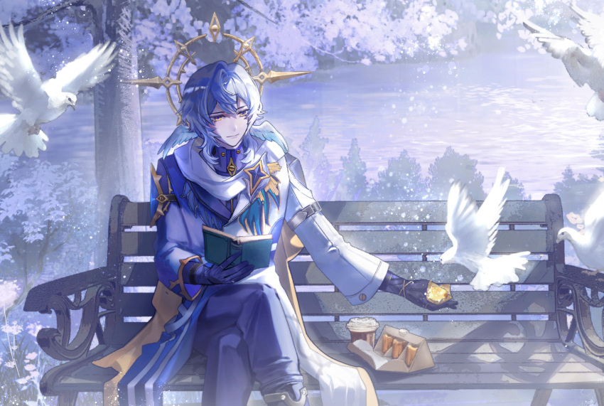 1boy, arm_belt, bench, bird, black_boots, black_gloves, black_pants, blue_jacket