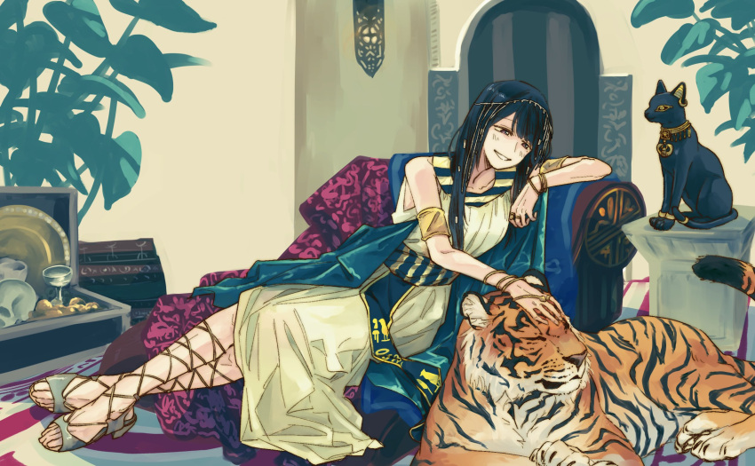 1girl, 217find!, ancient_egyptian_clothes, animification, black_cat, black_hair, brown_eyes, cat