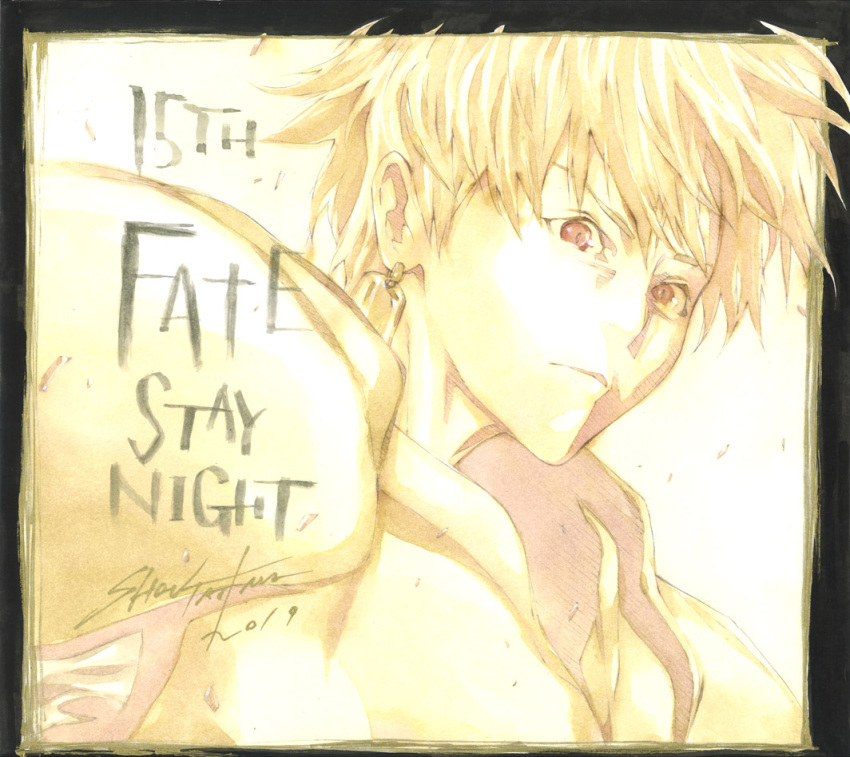 1boy, armor, blonde_hair, earrings, fate/stay_night, fate_(series), gilgamesh_(fate), gold_armor, jewelry, looking_at_viewer, male_focus, official_art, red_eyes, sho-u_tajima, solo, traditional_media, upper_body