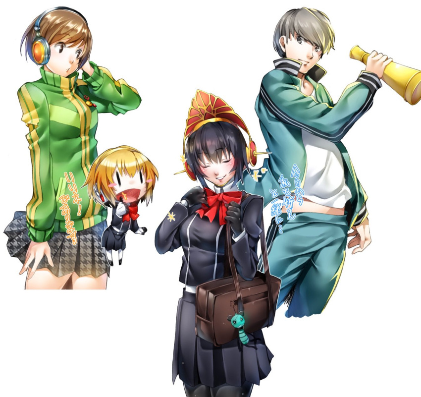 1boy, 3girls, aigis_(persona), android, black_hair, black_pantyhose, blonde_hair, breasts