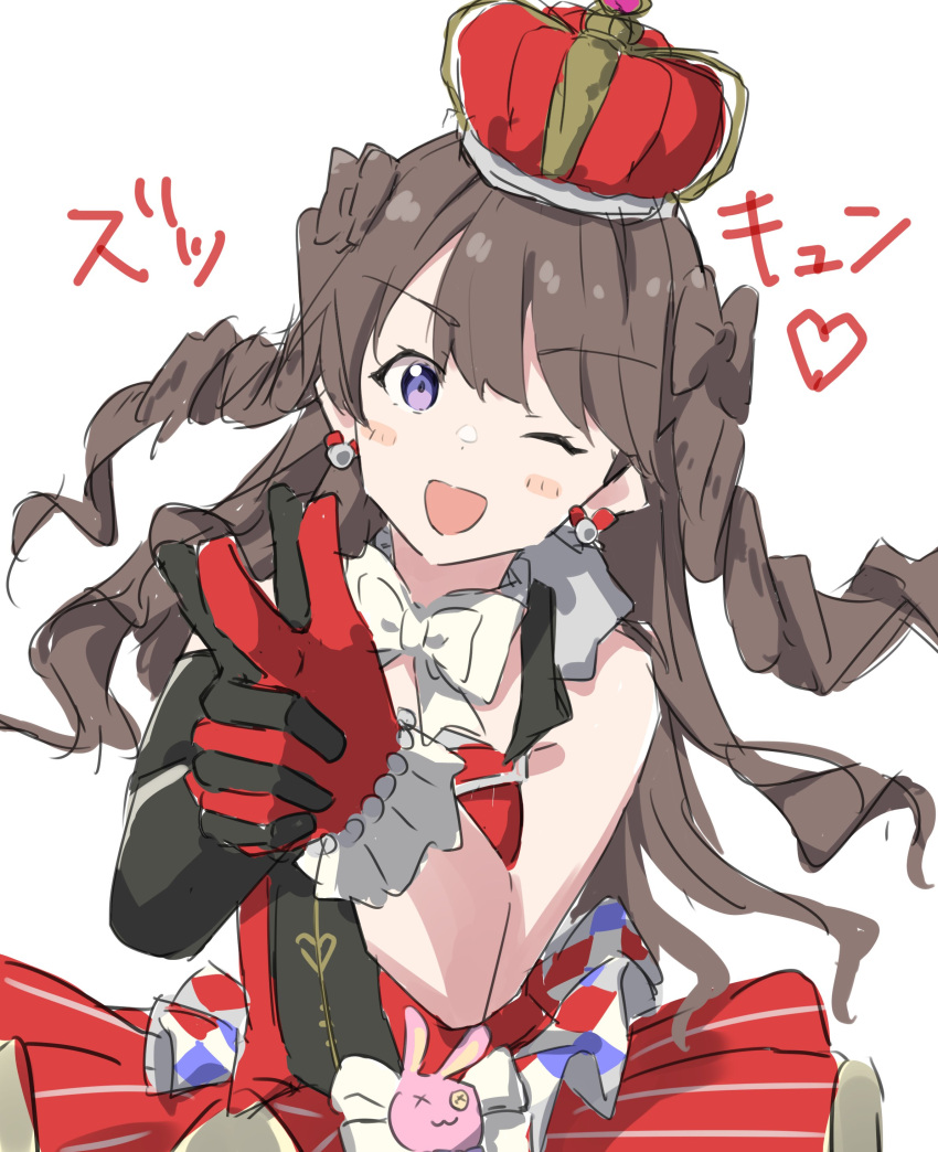 1girl, ;d, absurdres, asymmetrical_gloves, bare_shoulders, black_gloves, blush, brown_hair, commentary_request, dress, drill_hair, elbow_gloves, finger_gun, frilled_dress, frills, fujishima_megumi, gloves, heart, highres, interlocked_fingers, link!_like!_love_live!, long_hair, looking_at_viewer, love_live!, mismatched_gloves, one_eye_closed, open_mouth, own_hands_together, pinstripe_dress, pinstripe_pattern, red_dress, red_gloves, shiroko79, simple_background, single_elbow_glove, sleeveless, sleeveless_dress, smile, solo, translation_request, twin_drills, two_side_up, uneven_gloves, violet_eyes, virtual_youtuber, white_background, zenhoui_kyun