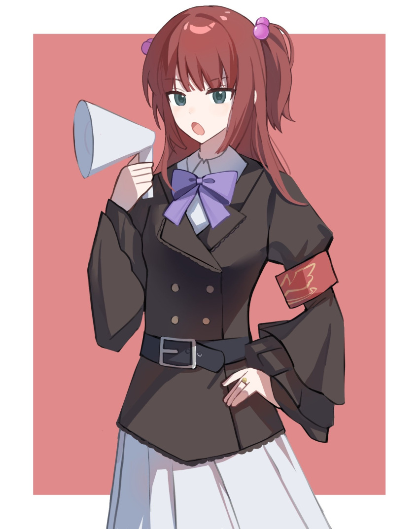 1girl, ameko0617, armband, belt, black_belt, black_jacket, blue_eyes, blunt_bangs