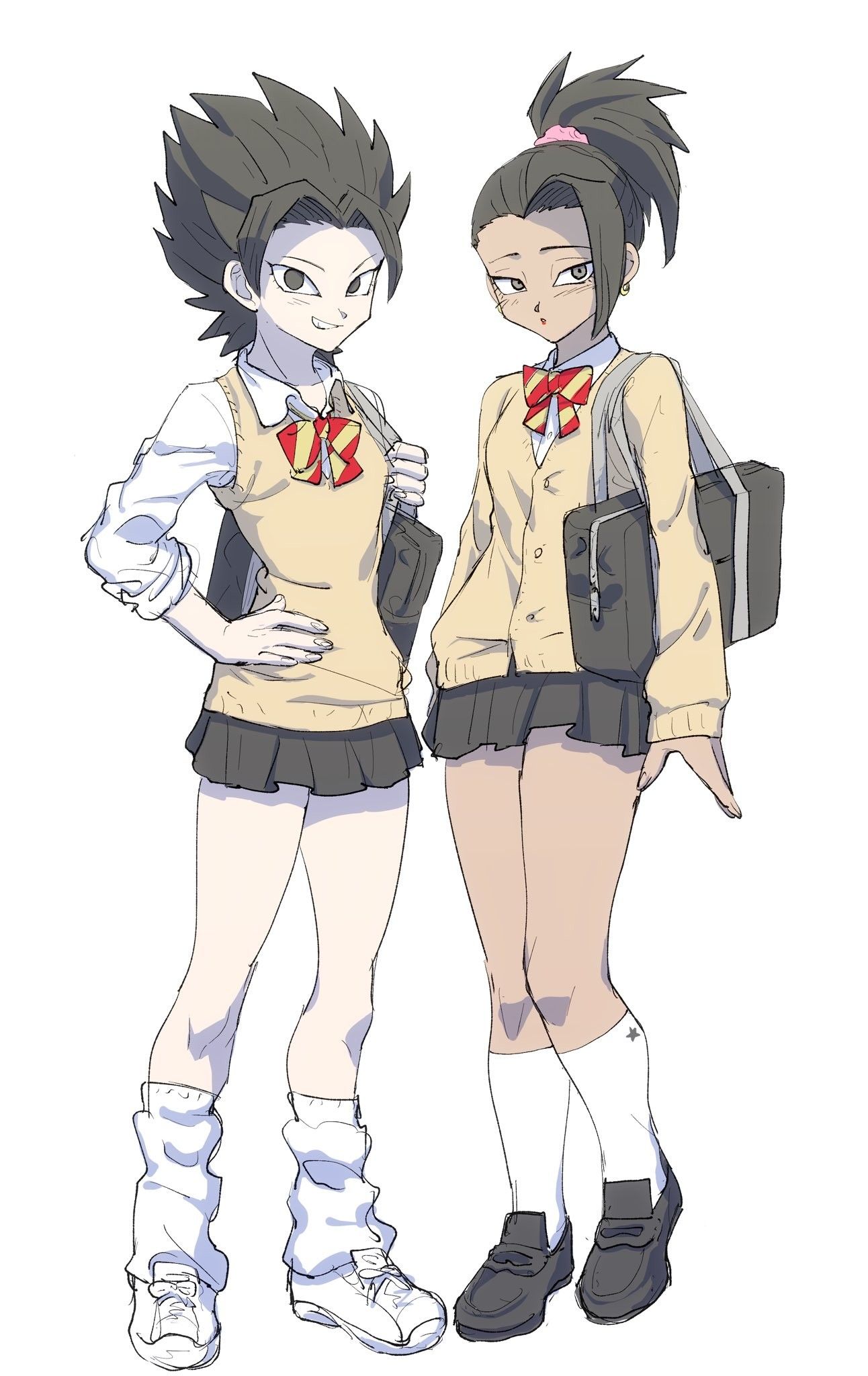 2girls, alternate_costume, artist_request, bad_link, bag, black_eyes, black_hair, black_skirt, black_sneakers, bow, bowtie, brown_sweater, brown_sweater_vest, caulifla, collared_shirt, curtained_hair, dark-skinned_female, dark_skin, dragon_ball, dragon_ball_super, earrings, grey_eyes, hair_over_one_eye, hand_on_own_hip, high_ponytail, highres, hoop_earrings, horizontal-striped_bow, jewelry, kale_(dragon_ball), kneehighs, long_bangs, miniskirt, multiple_girls, pale_skin, parted_bangs, pleated_skirt, ponytail, red_bow, red_bowtie, red_lips, saiyan, school_bag, school_uniform, shirt, shoes, shoulder_bag, skirt, sleeves_rolled_up, sneakers, socks, solid_circle_pupils, source_request, spiky_hair, sweater, sweater_vest, third-party_source, two-tone_bow, two-tone_bowtie, white_background, white_shirt, white_sneakers, white_socks, yellow_bow, yellow_bowtie
