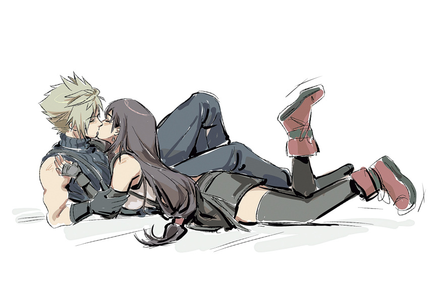 1boy, 1girl, biceps, black_pants, black_skirt, black_sports_bra, black_thighhighs, blonde_hair