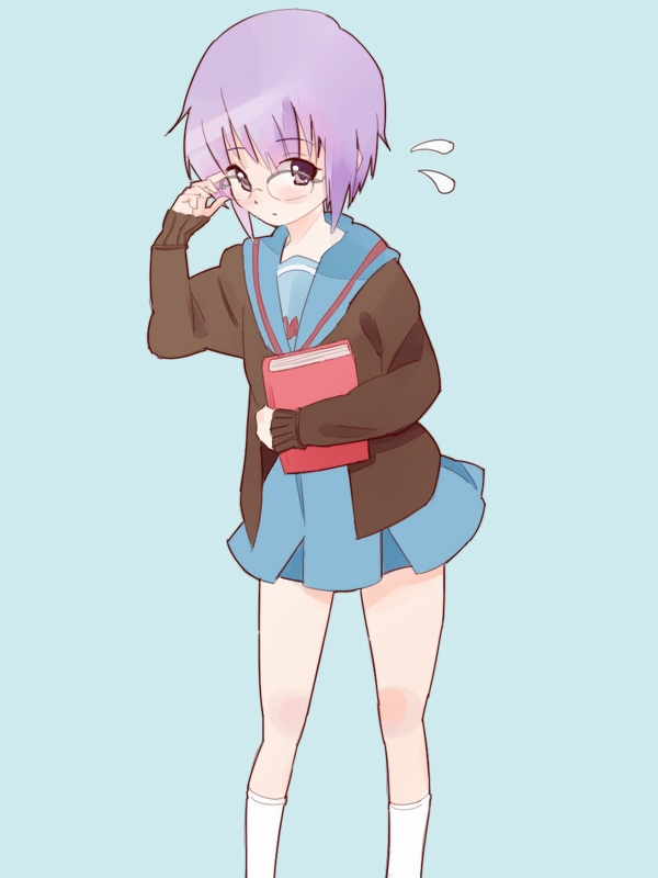 brown_eyes, cardigan, glasses, leaning_forward, nagato_yuki, nagato_yuki_(shoushitsu), purple_hair, school_uniform, short_hair, suzumiya_haruhi_no_shoushitsu, suzumiya_haruhi_no_yuuutsu, sweatdrop, yumahirai