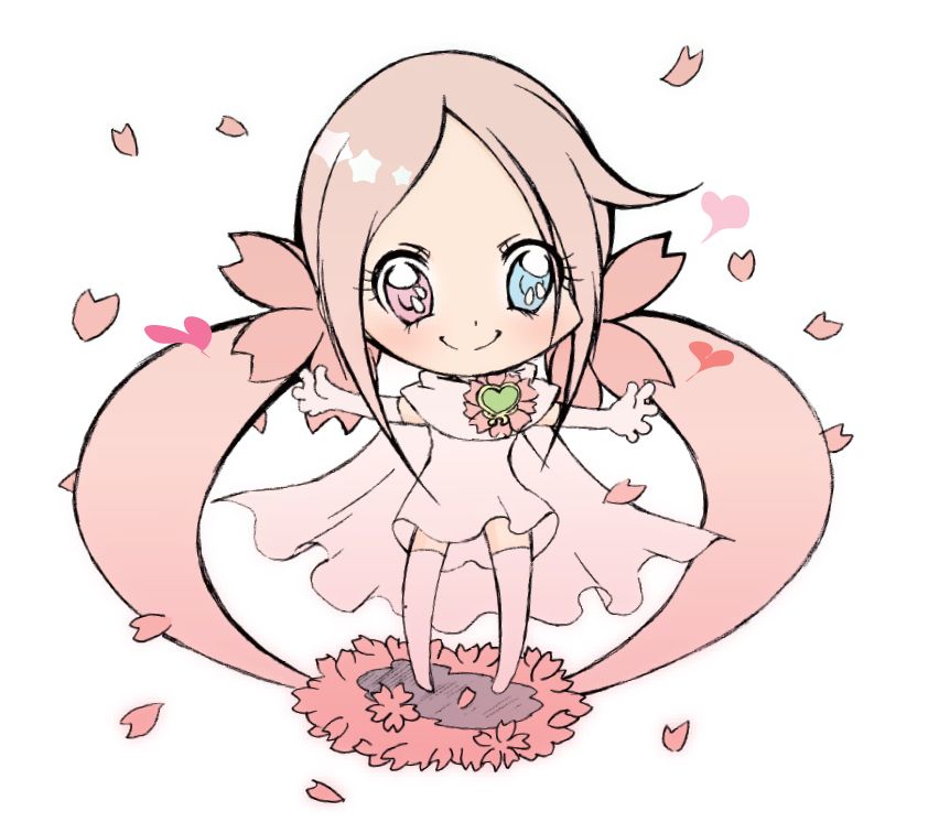 cape, cherry_blossoms, chibi, dress, elbow_gloves, flower, gloves, heart