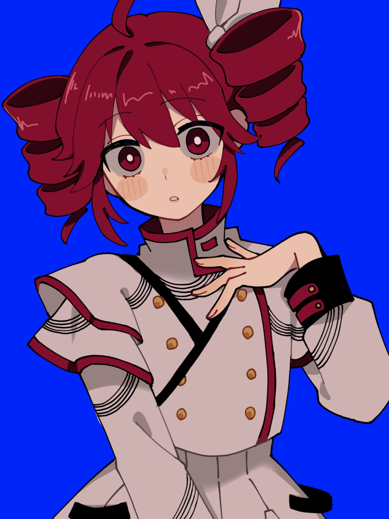 1girl, ahoge, bad_anatomy, bad_hands, black_sleeve_cuffs, blue_background, buttons, double-breasted