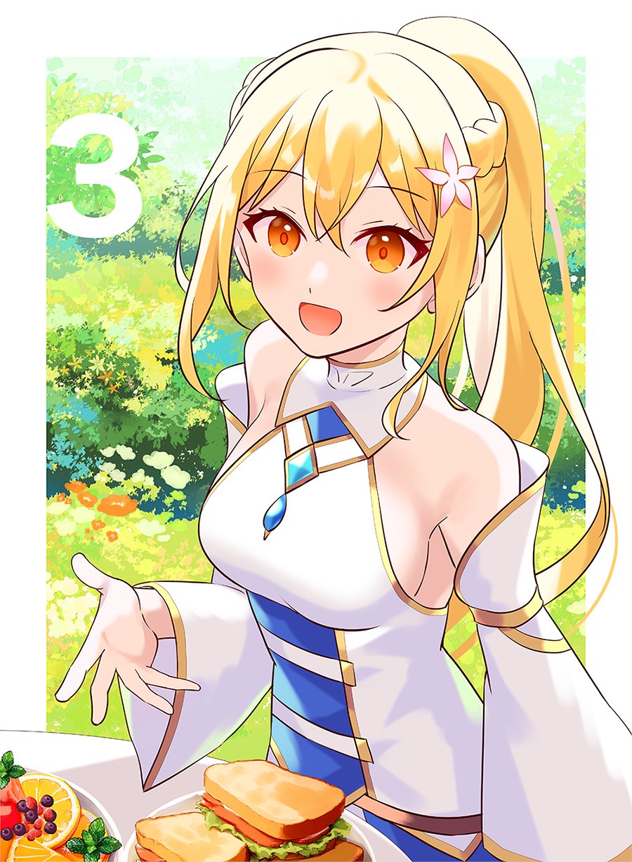 1girl, bare_shoulders, blonde_hair, breasts, detached_sleeves, dress, episode_number, flower, food, fruit, gold_trim, hair_flower, hair_ornament, hazure_skill_"kinomi_master":_skill_no_mi_(tabetara_shinu)_wo_mugen_ni_taberareru_you_ni_natta_ken_nitsuite, highres, iincho_(airi8751), lena_floria, light_blush, looking_at_viewer, medium_breasts, official_art, open_mouth, orange_(fruit), orange_eyes, ponytail, sandwich, table, white_dress
