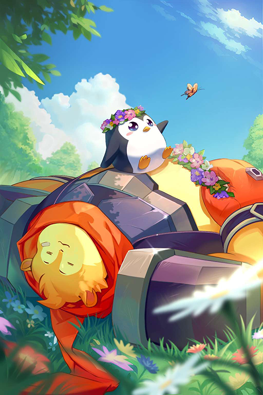 1boy, artist_request, bird, bug, butterfly, closed_eyes, dubu_(omega_strikers), english_commentary