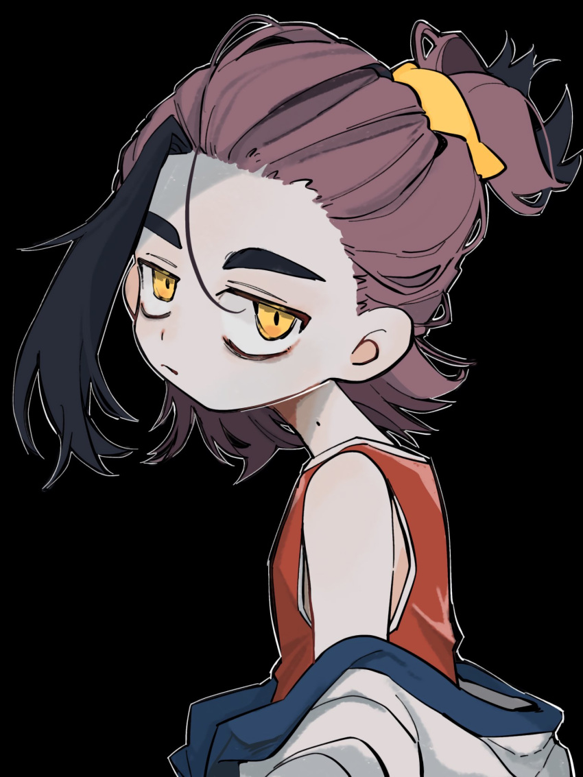 1boy, age_toufu, bags_under_eyes, black_background, black_hair, closed_mouth, commentary_request, highres