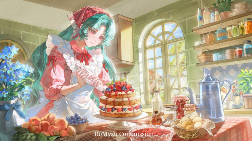 1girl, apron, basket, blue_flower, blueberry, bow, bowl, cabinet