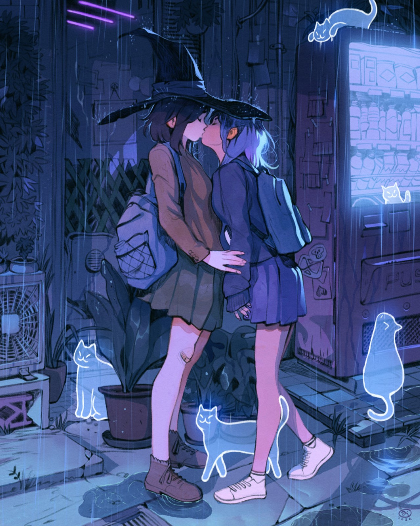2girls, air_conditioner, artist_logo, backpack, bag, bandaid, bandaid_on_knee, bandaid_on_leg