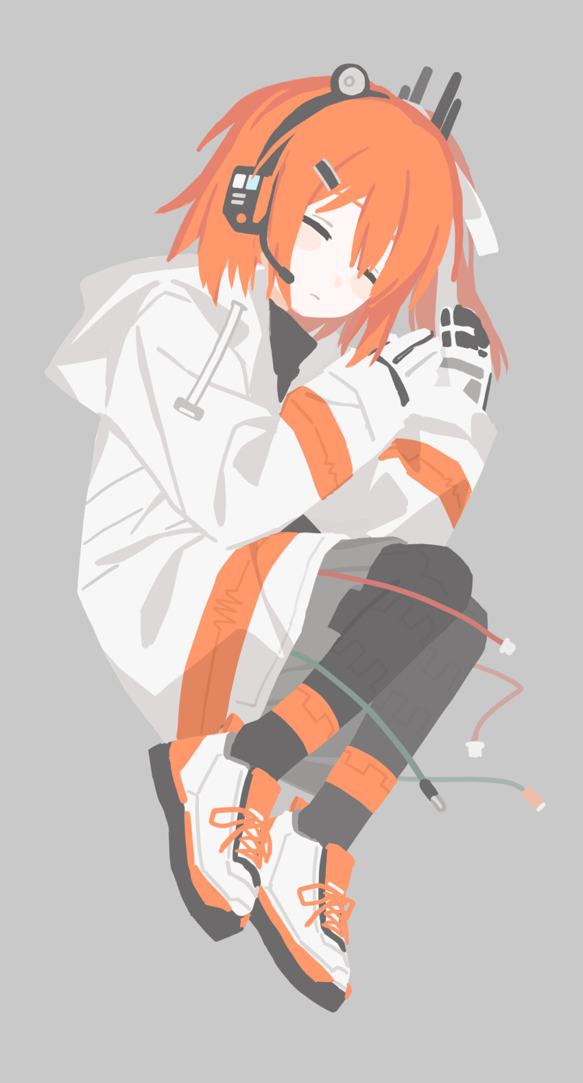 1girl, a.i._voice, absurdres, adachi_rei, black_headphones, black_shirt, blush_stickers, coat, commentary_request, fetal_position, full_body, gloves, grey_background, hair_between_eyes, hair_ornament, hairpin, headset, highres, hood, hood_down, hooded_coat, long_sleeves, lurenjia, medium_hair, orange_hair, shirt, sidelocks, simple_background, sleeping, solo, utau, white_coat, white_gloves, white_sneakers