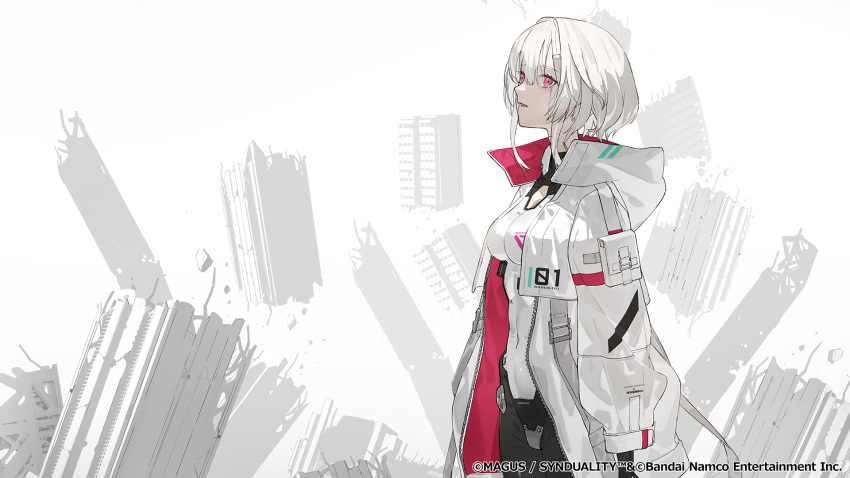 1girl, ada_(synduality), arm_pouch, belt, bob_cut, bodysuit, boots, cleavage_cutout
