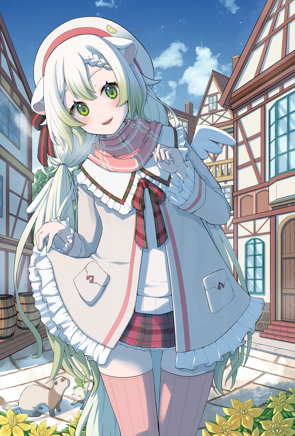 1girl, animal_ears, barrel, beret, braid, building, clothes_lift, clouds