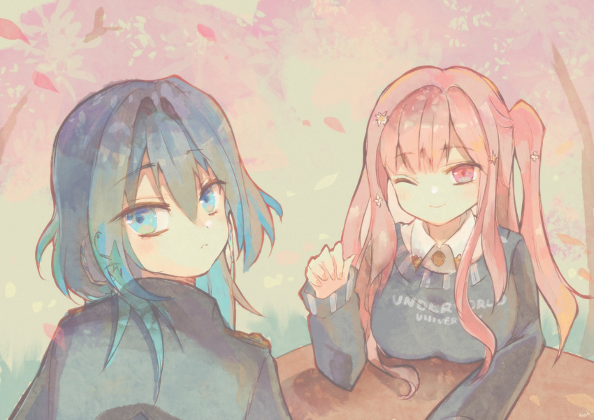 2girls, asashi_kaede, blue_eyes, blue_hair, blue_sweater, blush, breasts, cherry_blossoms, flower, gradient_hair, hair_flower, hair_intakes, hair_ornament, highres, hololive, hololive_english, large_breasts, long_hair, mori_calliope, mori_calliope_(kawaiiope), multicolored_hair, multiple_girls, official_alternate_costume, official_alternate_hairstyle, one_eye_closed, ouro_kronii, ouro_kronii_(4th_costume), pink_eyes, pink_hair, sweater, virtual_youtuber, wolf_cut