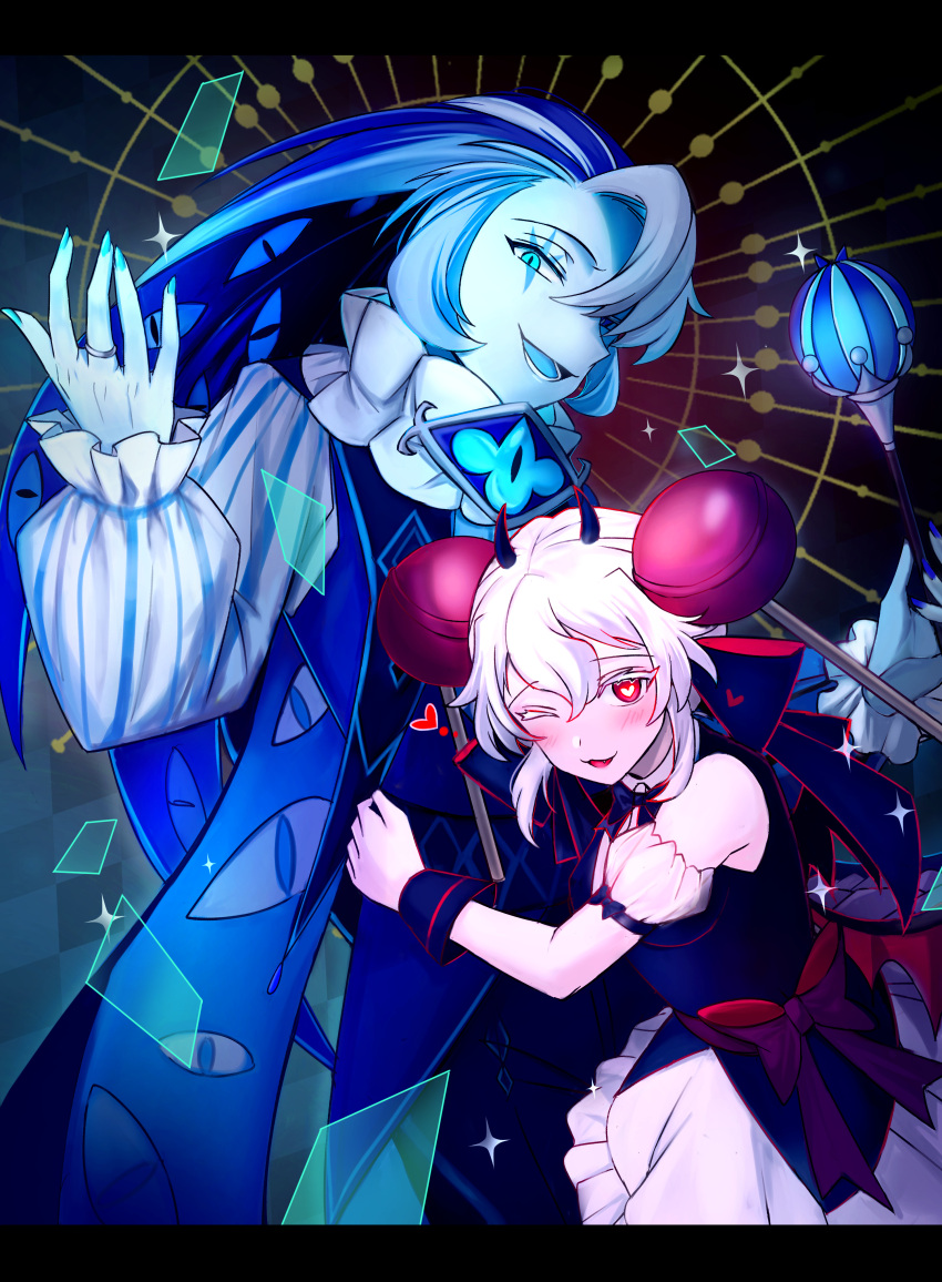 1boy, 1girl, absurdres, black_bow, blue_eyes, blue_hat, blue_skin, bow