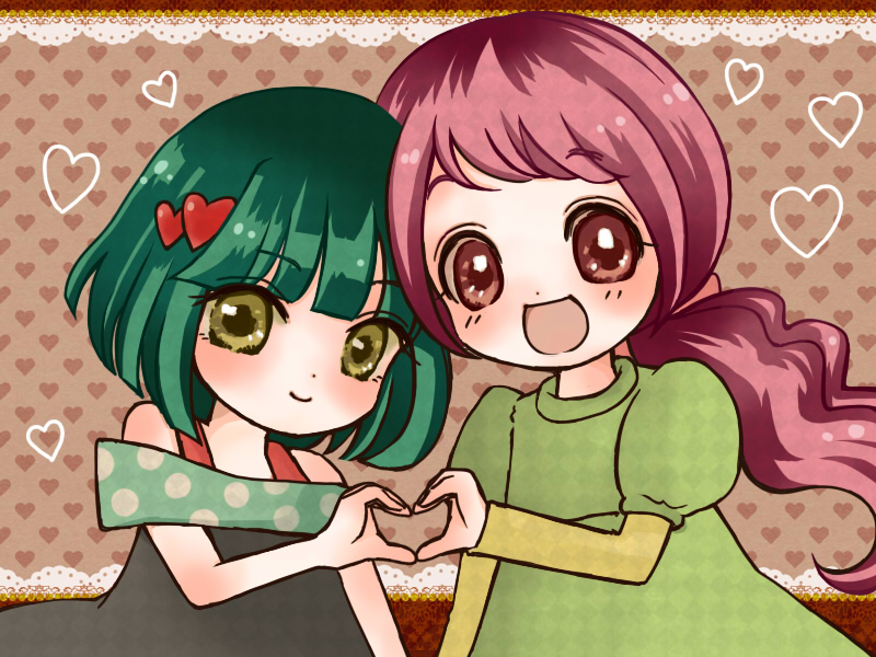 bare_shoulders, blush, bob_cut, brown_background, child, dark_precure, dress, green_hair