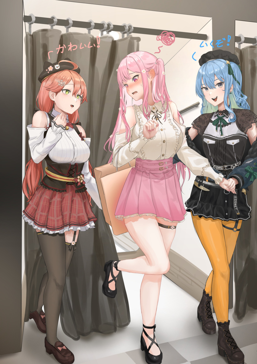 3girls, :d, :o, absurdres, bag, beret, black_thighhighs, blue_eyes