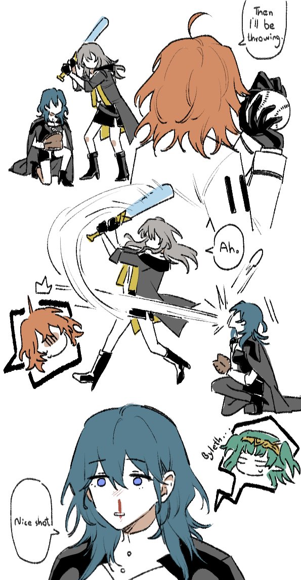 3girls, accident, ahoge, ball, baseball, baseball_bat, baseball_mitt, black_boots