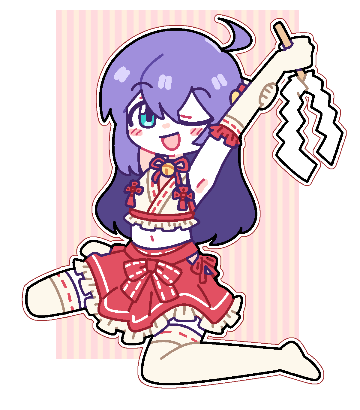 1girl, :d, ahoge, armpits, arms_up, bare_shoulders, bell, bikini, blush_stickers, border, bow, concept_maihime_(idolmaster), deformed, dot_nose, double-parted_bangs, elbow_gloves, flat_chest, frilled_gloves, frilled_shirt, frilled_skirt, frills, gloves, gohei, hair_bell, hair_ornament, hair_ribbon, halter_shirt, halterneck, highres, hip_vent, holding, holding_gohei, holding_own_arm, idolmaster, idolmaster_million_live!, idolmaster_million_live!_theater_days, jingle_bell, long_hair, looking_at_viewer, midriff, millcookie_pro, miniskirt, mochizuki_anna, navel, neck_bell, nontraditional_miko, one_eye_closed, open_mouth, outline, outside_border, pink_bikini, pink_ribbon, pink_skirt, pleated_skirt, purple_hair, ribbon, ribbon-trimmed_gloves, ribbon-trimmed_shirt, ribbon-trimmed_thighhighs, ribbon_trim, shirt, side-tie_bikini_bottom, sidelocks, sitting, skirt, sleeveless, sleeveless_shirt, smile, solo, straight_hair, stretching, striped_background, swimsuit, thigh-highs, waist_bow, wariza, white_border, white_gloves, white_outline, white_thighhighs, zettai_ryouiki