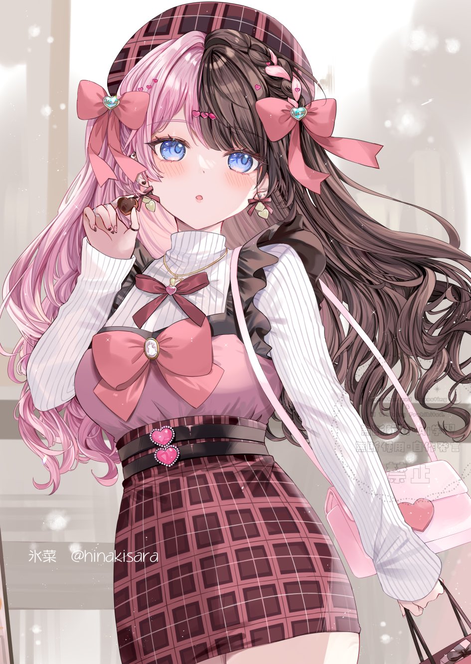 1girl, artist_name, bag, belt, beret, black_belt, black_hair, blush
