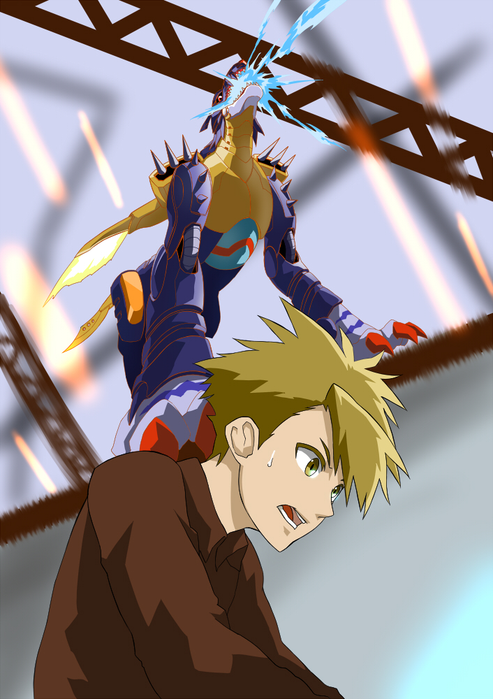 blonde_hair, digimon, digimon_adventure, ice, ishida_yamato, k_tsukumo, metalgarurumon, sweat, wolf, yellow_eyes