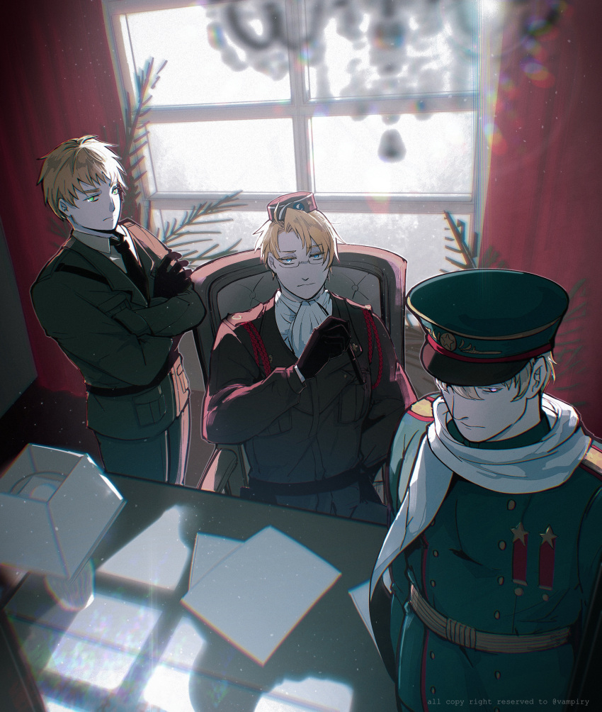 3boys, absurdres, america_(hetalia), ascot, axis_powers_hetalia, belt, black-framed_eyewear, black_belt, black_gloves, black_necktie, blonde_hair, blue_eyes, blurry, breast_pocket, brown_hat, brown_jacket, buttons, chandelier, closed_mouth, collared_shirt, commentary_request, crossed_arms, day, glasses, gloves, green_eyes, green_hat, green_jacket, green_pants, half-closed_eyes, hand_up, hat, highres, indoors, jacket, lamp, lapels, long_sleeves, looking_at_another, military_hat, military_jacket, military_uniform, mini_hat, multiple_boys, necktie, on_chair, open_clothes, open_jacket, pants, paper, pocket, russia_(hetalia), scarf, semi-rimless_eyewear, shadow, shirt, short_hair, sitting, sky, star_(symbol), table, united_kingdom_(hetalia), vampiry, violet_eyes, white_ascot, white_scarf, white_shirt, white_sky, window, yellow_belt