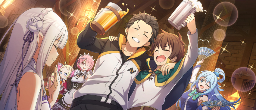 2boys, 4girls, ;d, apron, aqua_(konosuba), arm_around_shoulder, arm_up, armpit_crease, bare_shoulders, beatrice_(re:zero), beer_mug, black_dress, black_hair, black_jacket, black_pants, black_ribbon, blonde_hair, blue_eyes, blue_hair, blue_shirt, blunt_bangs, bow, bowtie, braid, breasts, brown_hair, butterfly-shaped_pupils, cape, closed_eyes, closed_mouth, collar, collarbone, crossover, crown, crown_braid, cup, detached_sleeves, dress, drill_hair, elf, emilia_(re:zero), flower, game_cg, green_bow, green_bowtie, green_cape, grey_hair, grin, hair_flower, hair_ornament, hair_over_one_eye, hair_ribbon, hair_rings, hair_slicked_back, hand_fan, hand_to_own_mouth, highres, holding, holding_cup, holding_fan, indoors, jacket, kono_subarashii_sekai_ni_shukufuku_wo!, konosuba!_fantastic_days, large_breasts, long_hair, long_sidelocks, long_sleeves, maid, maid_apron, maid_headdress, medium_breasts, mini_crown, mug, multicolored_jacket, multiple_boys, multiple_girls, natsuki_subaru, neck_ribbon, off-shoulder_dress, off_shoulder, official_art, one_eye_closed, open_mouth, pants, parted_bangs, pink_dress, pink_hair, pink_ribbon, pointy_ears, purple_ribbon, ram_(re:zero), re:zero_kara_hajimeru_isekai_seikatsu, red_eyes, ribbon, rose, roswaal_mansion_maid_uniform, satou_kazuma, shirt, short_hair, side-by-side, sidelocks, single_hair_ring, sleeveless, sleeveless_dress, sleeveless_shirt, small_breasts, smile, symbol-shaped_pupils, track_jacket, twin_drills, two-tone_jacket, v-shaped_eyebrows, white_apron, white_collar, white_dress, white_flower, white_jacket, white_rose, white_shirt, white_sleeves