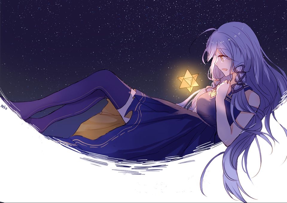 1girl, :d, ahoge, artist_name, bare_arms, breasts, dress, from_side, glowing, hair_ribbon, hand_on_own_chest, large_breasts, long_hair, lying, medium5, medium_dress, neko_tls, night, night_sky, on_back, open_mouth, profile, purple_dress, purple_hair, purple_thighhighs, ribbon, sky, smile, solo, star_(sky), starry_sky, stellated_octahedron, thigh-highs, tress_ribbon, two-sided_dress, two-sided_fabric, vocaloid, xingchen, yellow_eyes, zettai_ryouiki