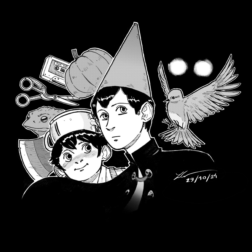 3boys, absurdres, axe, bird, cassette_tape, commentary, dated, english_commentary