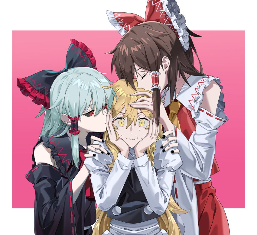 3girls, absurdres, ascot, black_bow, black_nails, black_sclera, black_shirt, black_sleeves