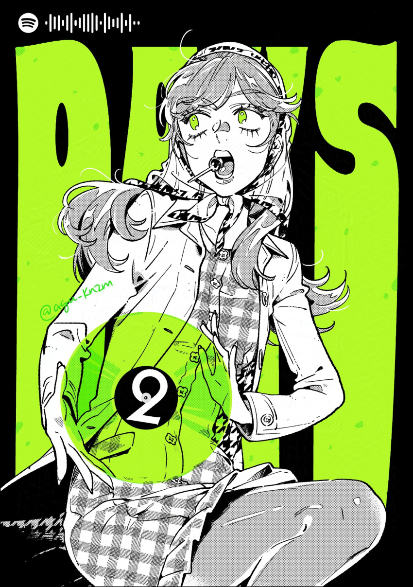 1girl, arai_sumiko, bandana, candy, commentary, countdown, english_commentary, food
