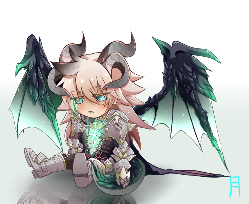 1boy, ahoge, armor, cape, chibi, chibi_only, dragon_horns, dragon_tail, fate/apocrypha, fate/grand_order, fate_(series), green_eyes, highres, horns, long_hair, male_focus, nibelungenlied, open_mouth, reflection, scar, siegfried_(fate), siegfried_(third_ascension)_(fate), solo, tail, weapon, white_hair