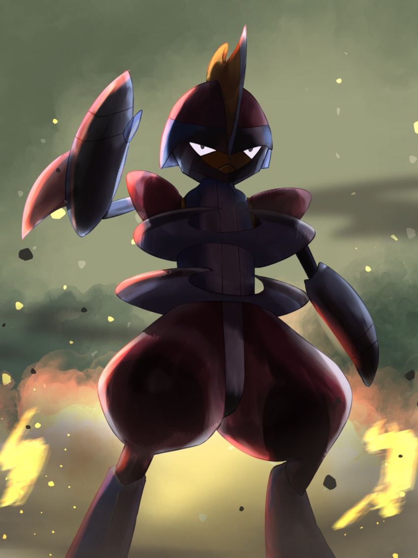 arm_blade, bisharp, cowboy_shot, fire, highres, pokemon, pokemon_(creature), redamber334, shadow, solo, standing, weapon