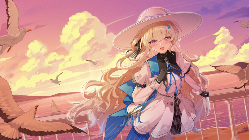 1girl, :d, absurdres, black_bow, black_collar, black_gloves, blonde_hair, blue_eyes