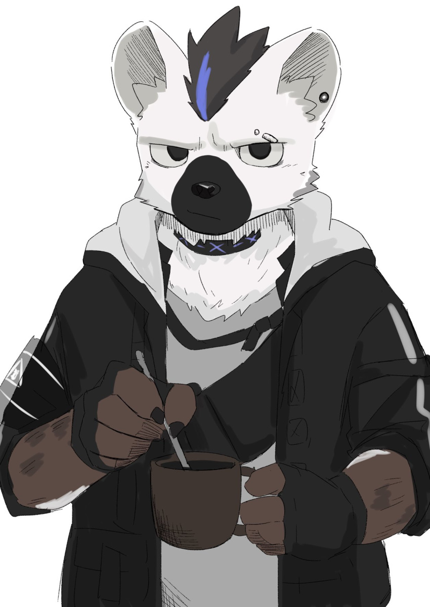 1boy, arknights, armband, black_hair, black_jacket, claws, closed_mouth, cup, ear_piercing, eyebrow_piercing, fingerless_gloves, furry, furry_male, gloves, grey_fur, grey_shirt, highres, holding, holding_cup, holding_spoon, hyena_boy, hyena_ears, infection_monitor_(arknights), jacket, looking_at_viewer, male_focus, mimizuku_kemo, multicolored_hair, piercing, shirt, spoon, spot_(arknights), spotted_fur, stirring, streaked_hair