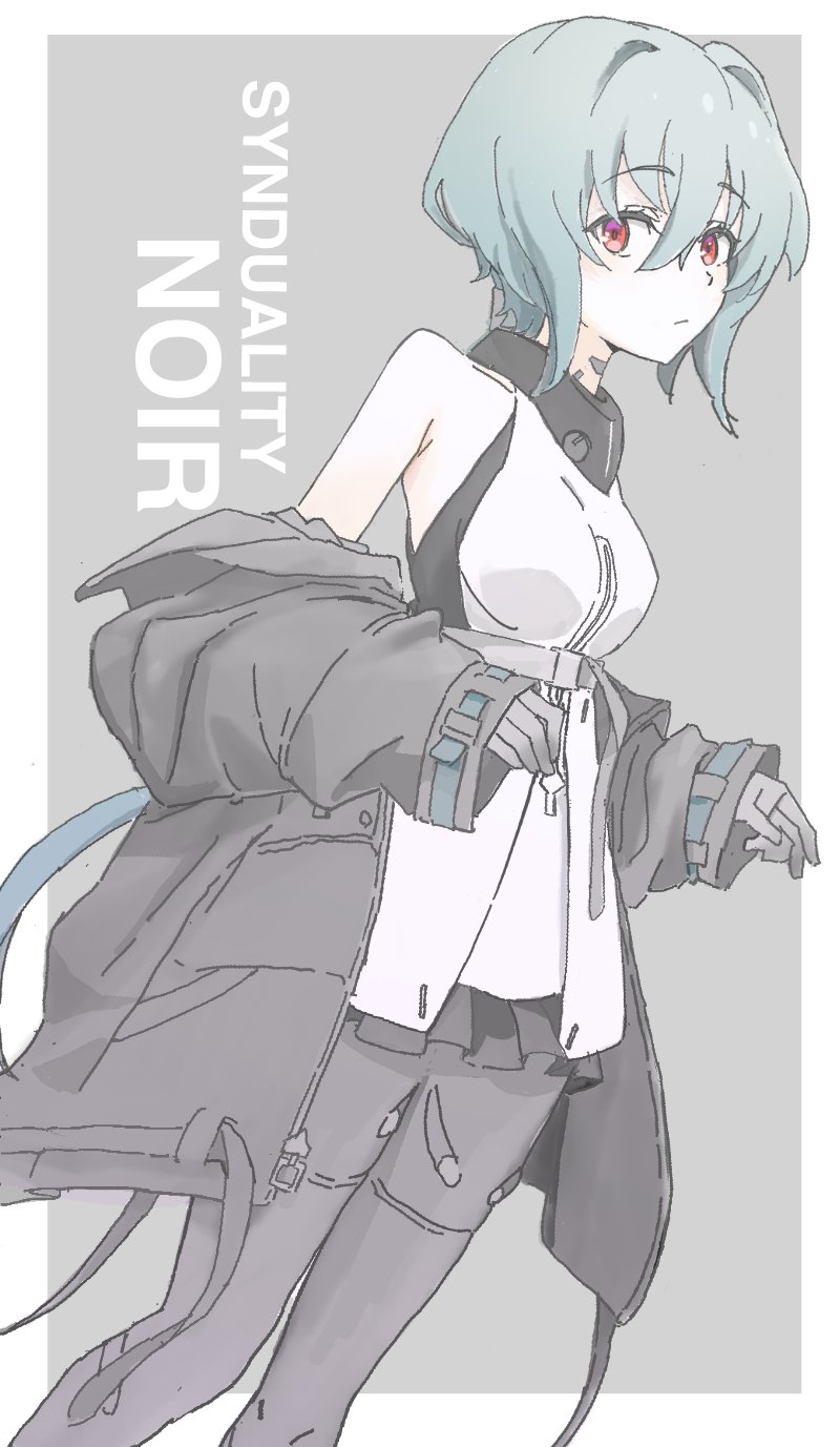 1girl, arms_up, belt, bob_cut, bodysuit, character_name, cropped_legs, grey_hair