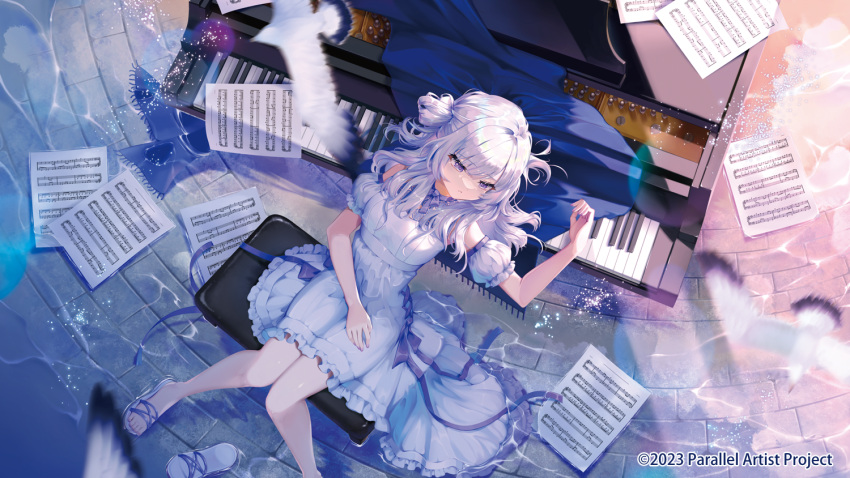 1girl, animal, arm_up, bird, blue_bow, bow, breasts, commentary_request