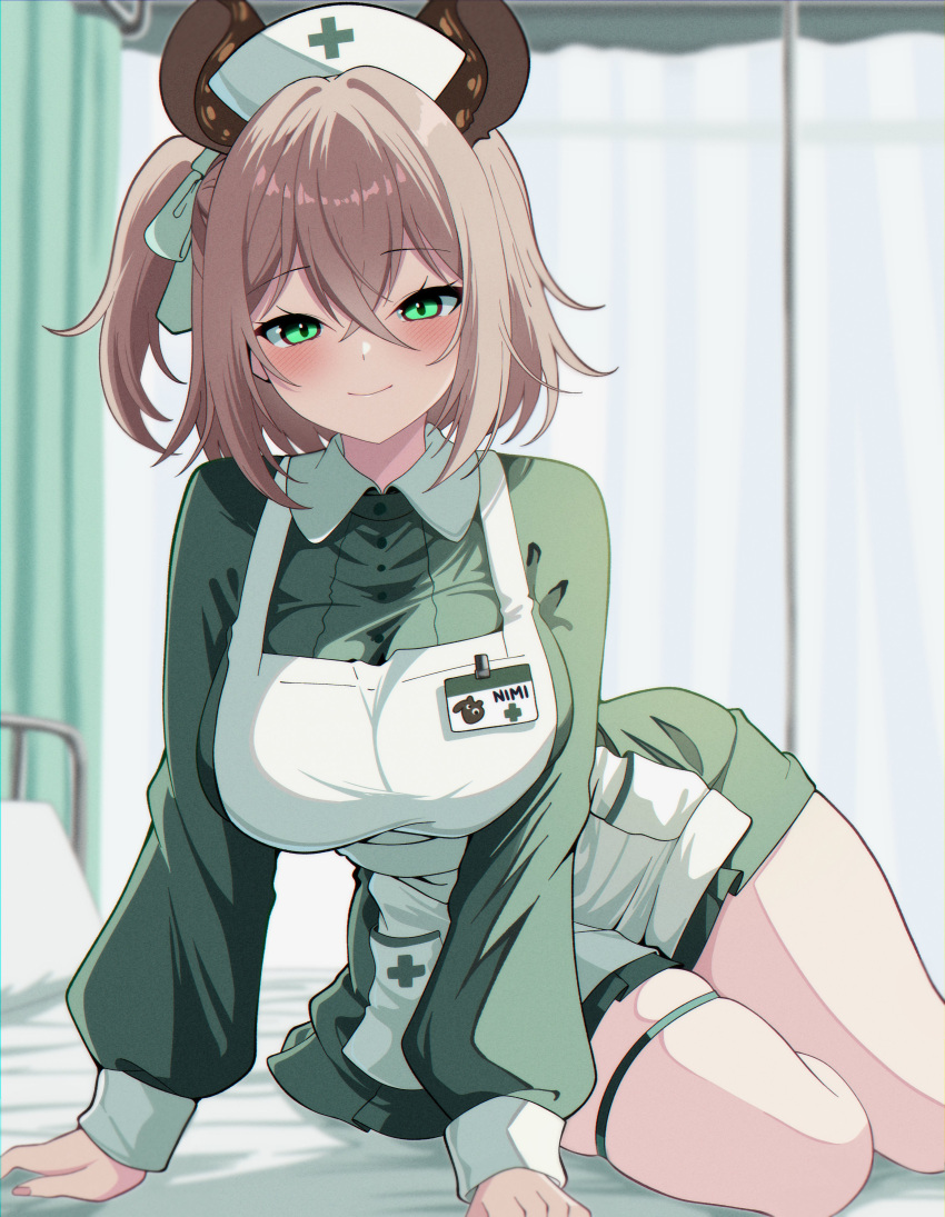 1girl, absurdres, bed, green_eyes, highres, itsrice, nimi_nightmare, nimi_nightmare_(tapir)