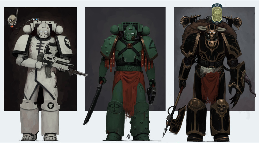 3boys, absurdres, adeptus_astartes, armor, axe, bayonet, black_armor, black_legion