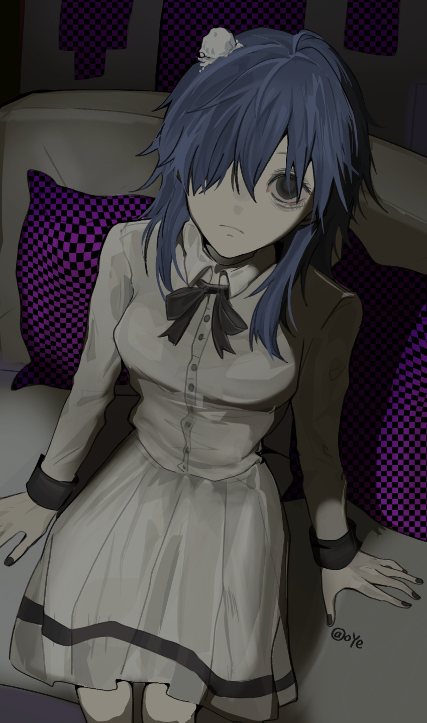 1girl, black_eyes, black_nails, black_sleeve_cuffs, blue_hair, closed_mouth, collared_dress, couch, creepy_mita_(miside), dress, hair_ornament, hair_over_one_eye, highres, messy_hair, miside, mita_(miside), on_couch, one_eye_covered, pale_skin, signature, sitting, sleeve_cuffs, white_dress, yun9250323