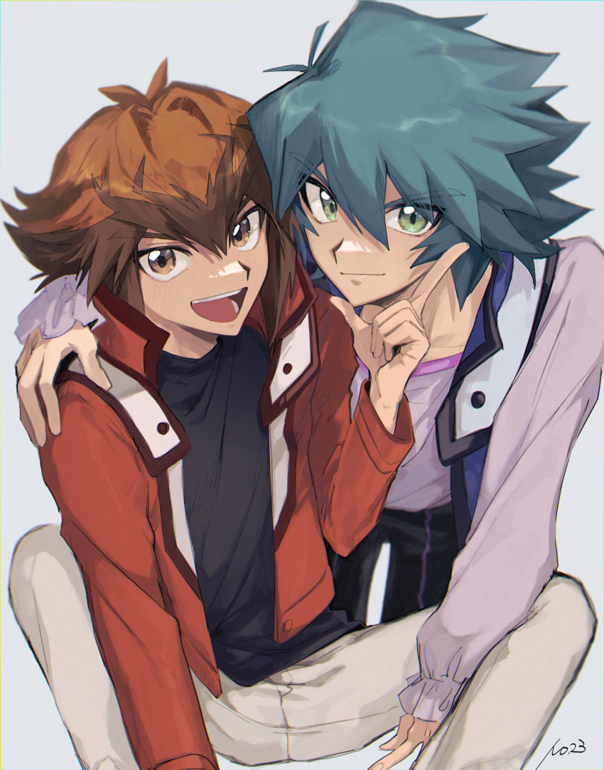 2boys, black_shirt, blue_hair, blue_vest, brown_eyes, brown_hair, duel_academy_uniform_(yu-gi-oh!_gx), green_eyes