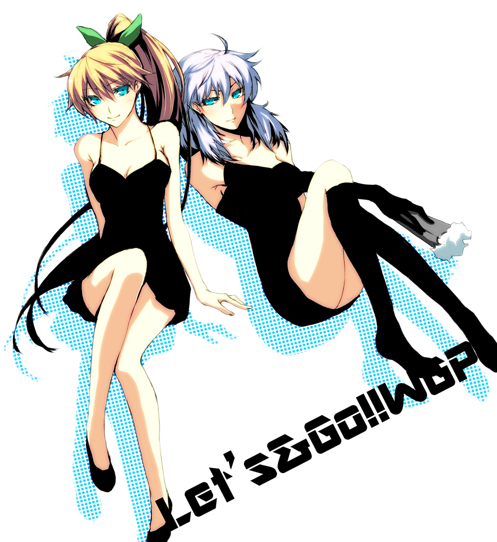 2girls, bad_id, bakusou_kyoudai_let's_&amp;_go!!, bakusou_kyoudai_let's_&amp;_go!!, bare_shoulders, blonde_hair, blue_eyes, dress, elbow_gloves, gloves, grey_hair, hair_ribbon, janet_sturlson, josephine_goodwin, kneehighs, leg_up, legs, long_hair, long_legs, multiple_girls, ponytail, ribbon, s_tanly, simple_background, sitting, thighs