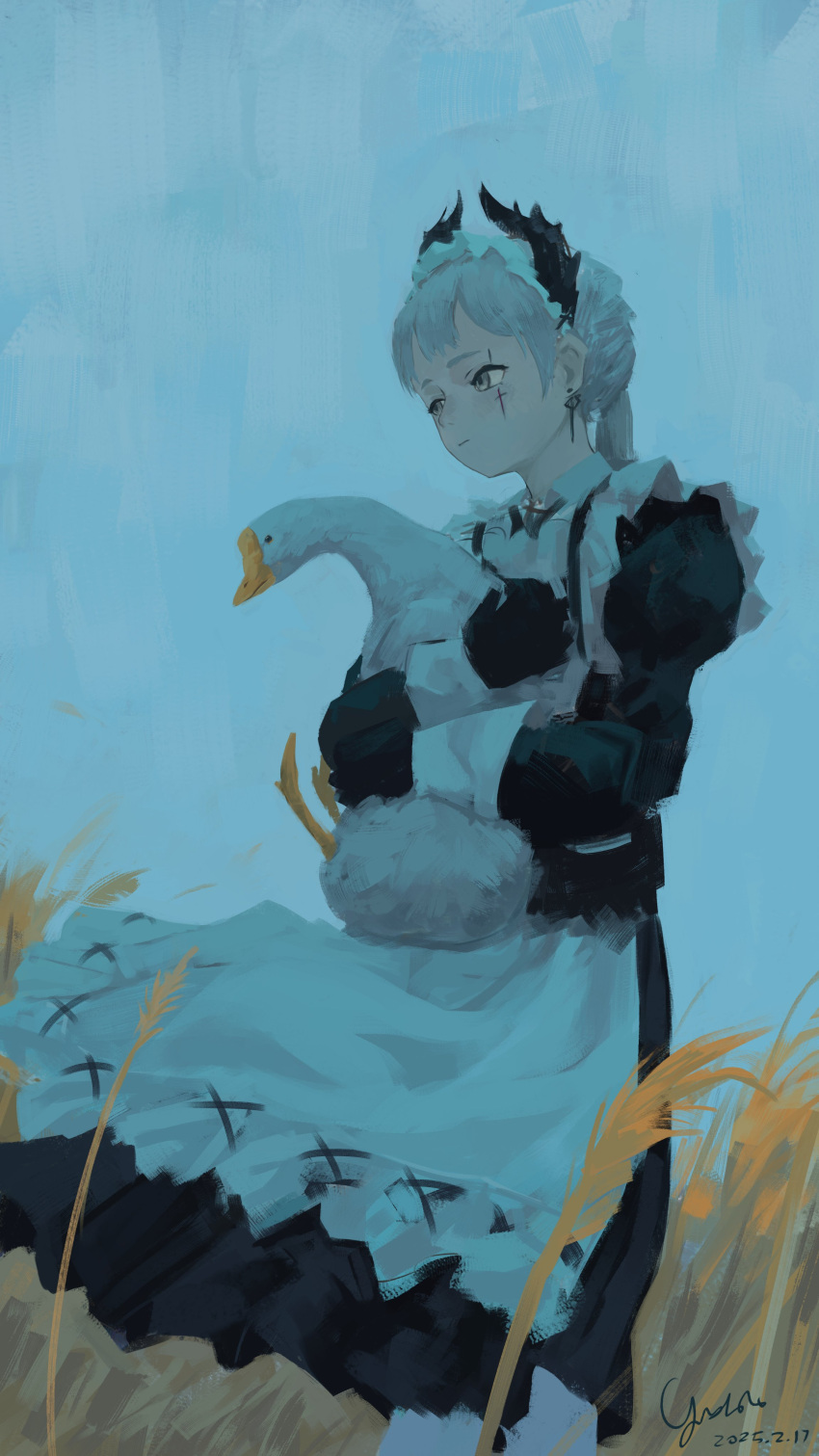 1girl, absurdres, animal, apron, arknights, bird, black_dress, black_gloves