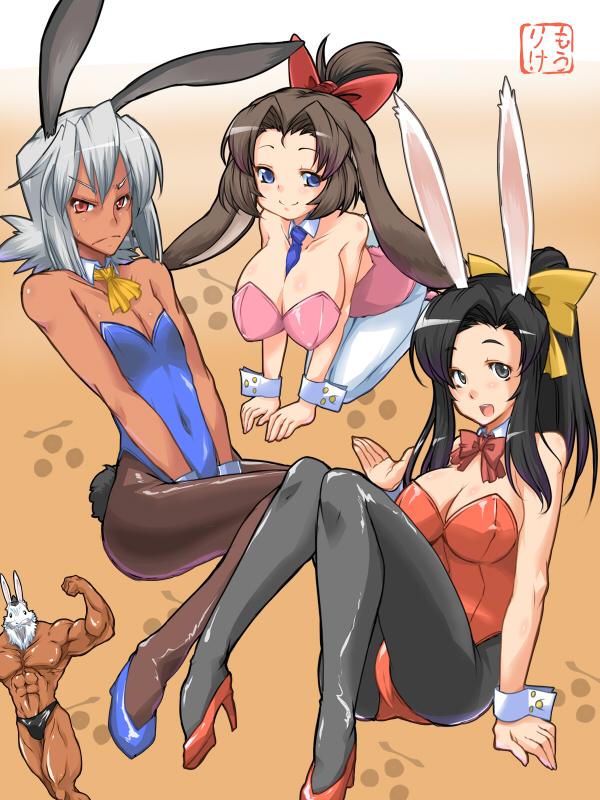 animal_ears, black_legwear, black_pantyhose, blue_eyes, breasts, brown_hair, bunny_ears, bunnysuit